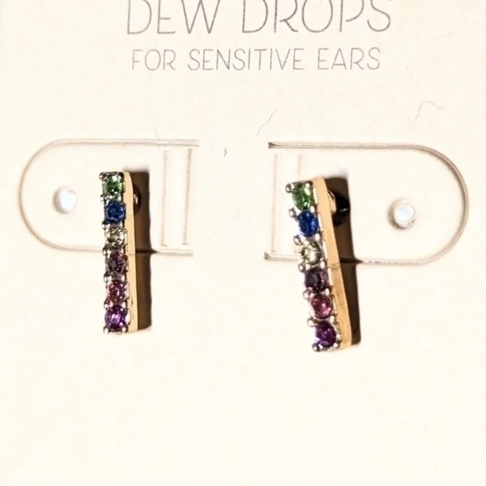 Dew Drops Brand hypoallergenic earrings for sensitive ears, multicolor crystals.